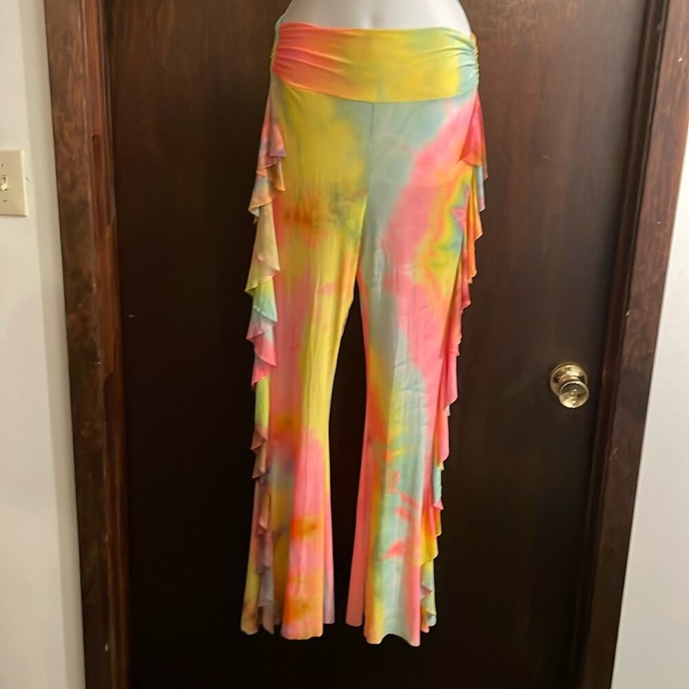 Bear Dance Brand Sheer Mesh Neon Tie Dye Flare Ruffle Pants Size Large